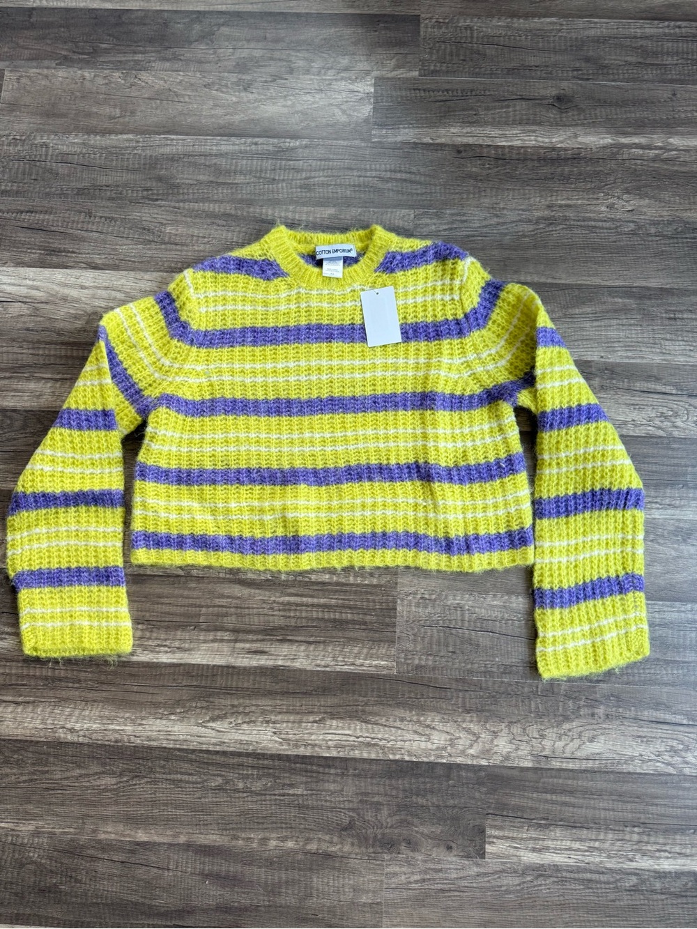 Cotton Emporium Yellow and Lavender Striped Cropped Crew Sweater